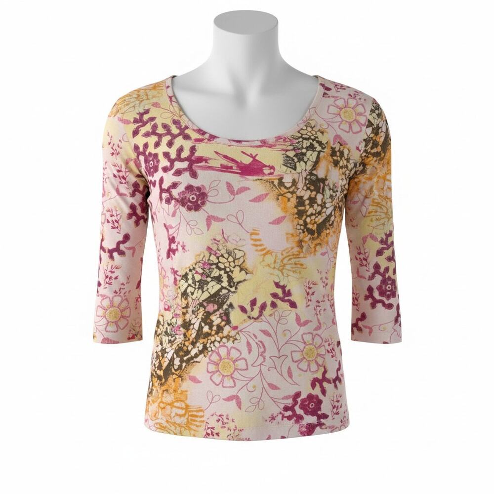 Chico's Additions Size 3 Pink Yellow Boho Print Cotton Tee XL